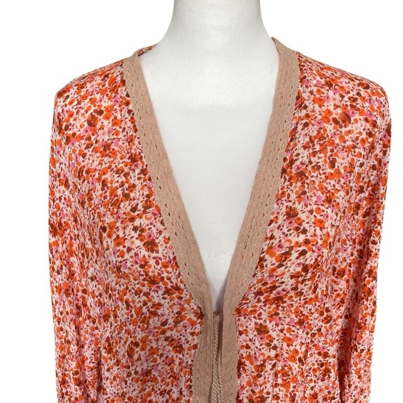 Nalini Cardigan Top Women’s One Size Orange Boho Tassels Tie Front Bell Sleeves - Picture 4 of 11